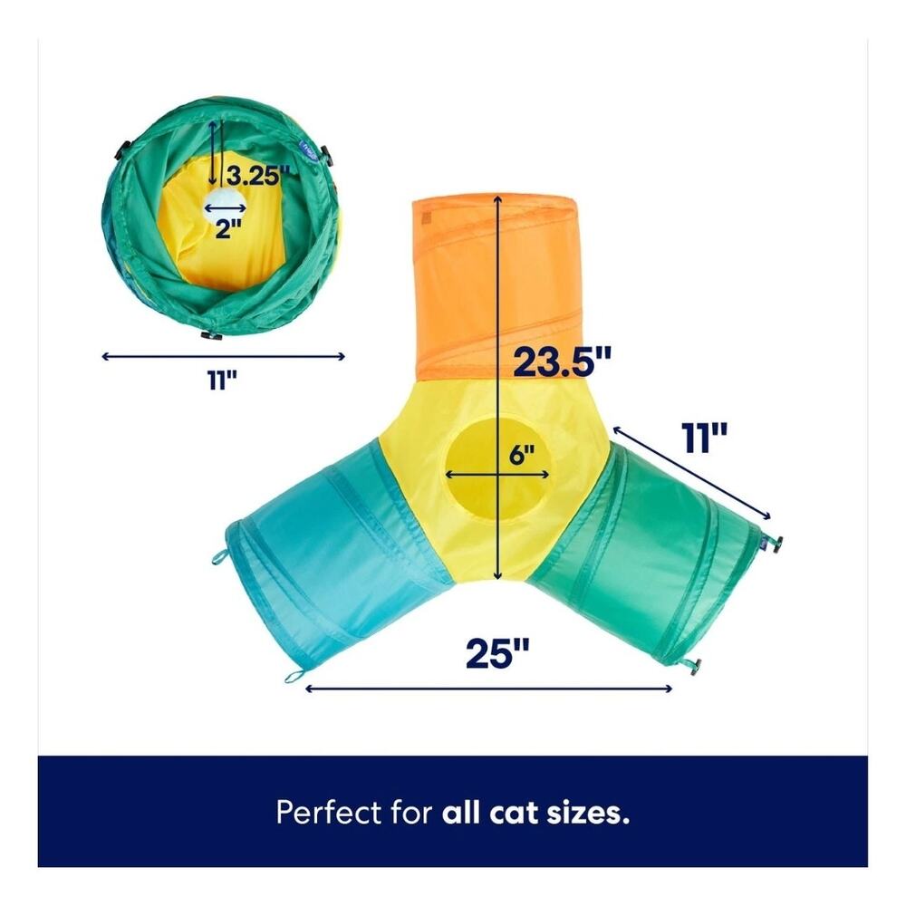 Colorful peek-a-boo foldable tri-tunnel cat toy - Picture 2 of 4